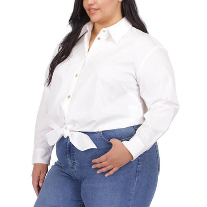 Plus Size Tie-Waist Cotton Button-Up Shirt