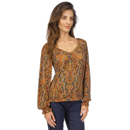 Women's Paisley Ruched Ruffled-Cuff Top