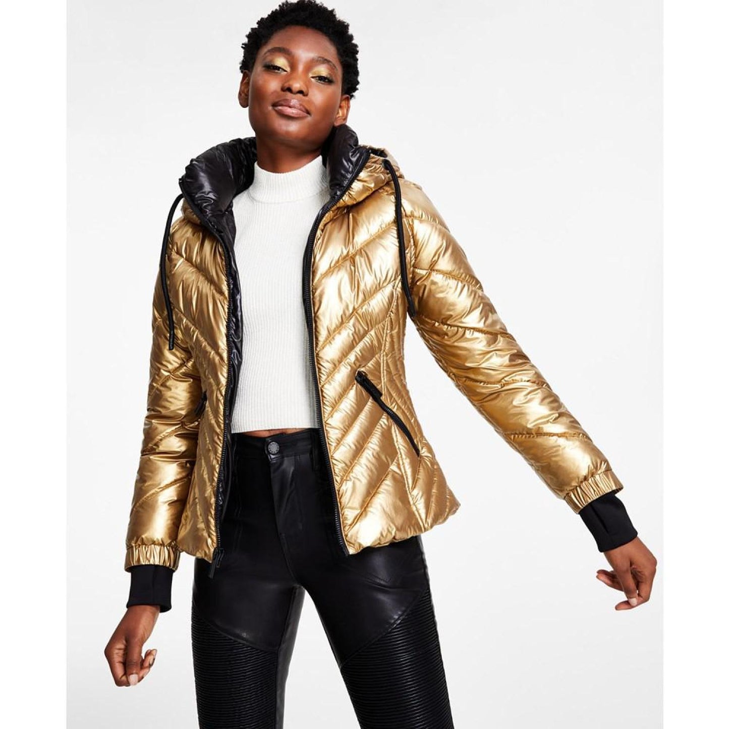 Women's Metallic Quilted Hooded Puffer Coat, Created for Macy's