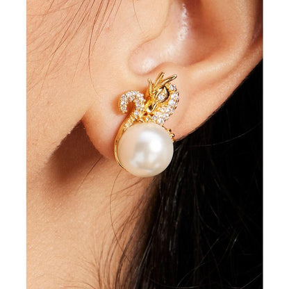 Gold-Tone Pavé & Imitation Pearl Dragon Stud Earrings