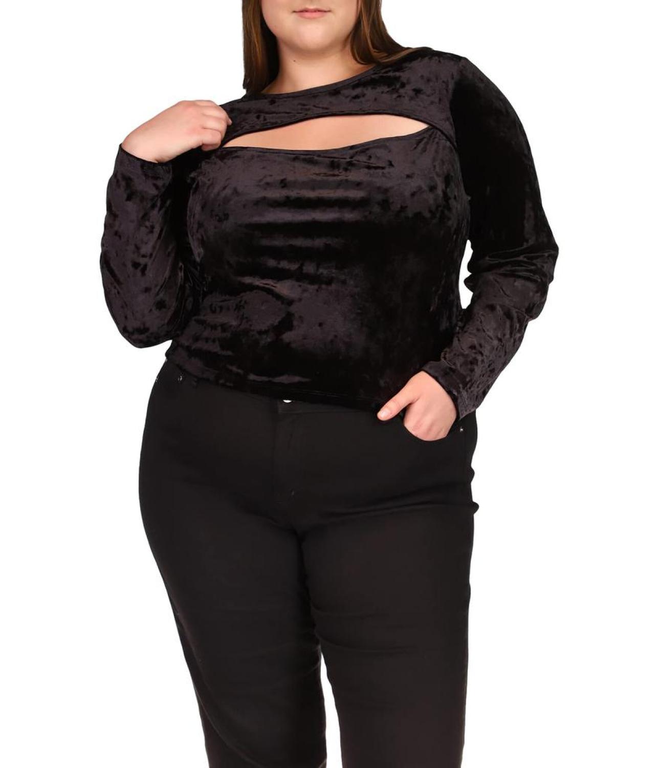 Plus Size Velvet Cutout Long Sleeve Top