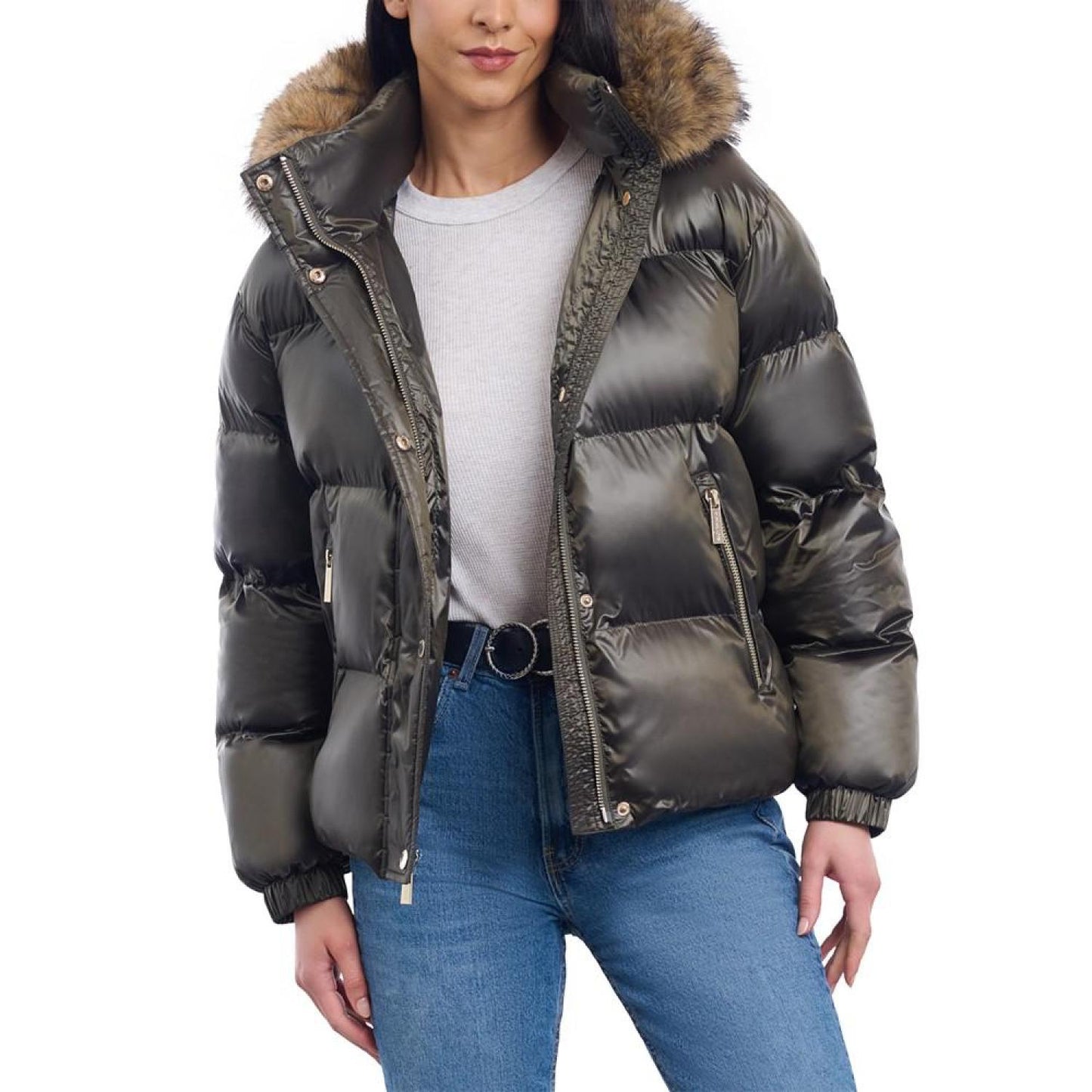 Women's Faux-Fur-Trim Hooded Bomber Puffer Coat