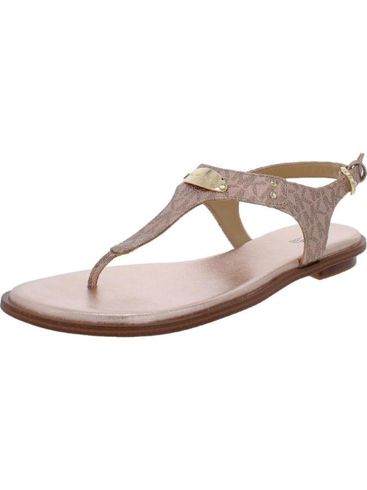 MK Plate Womens Leather Ankle Strap Thong Sandals