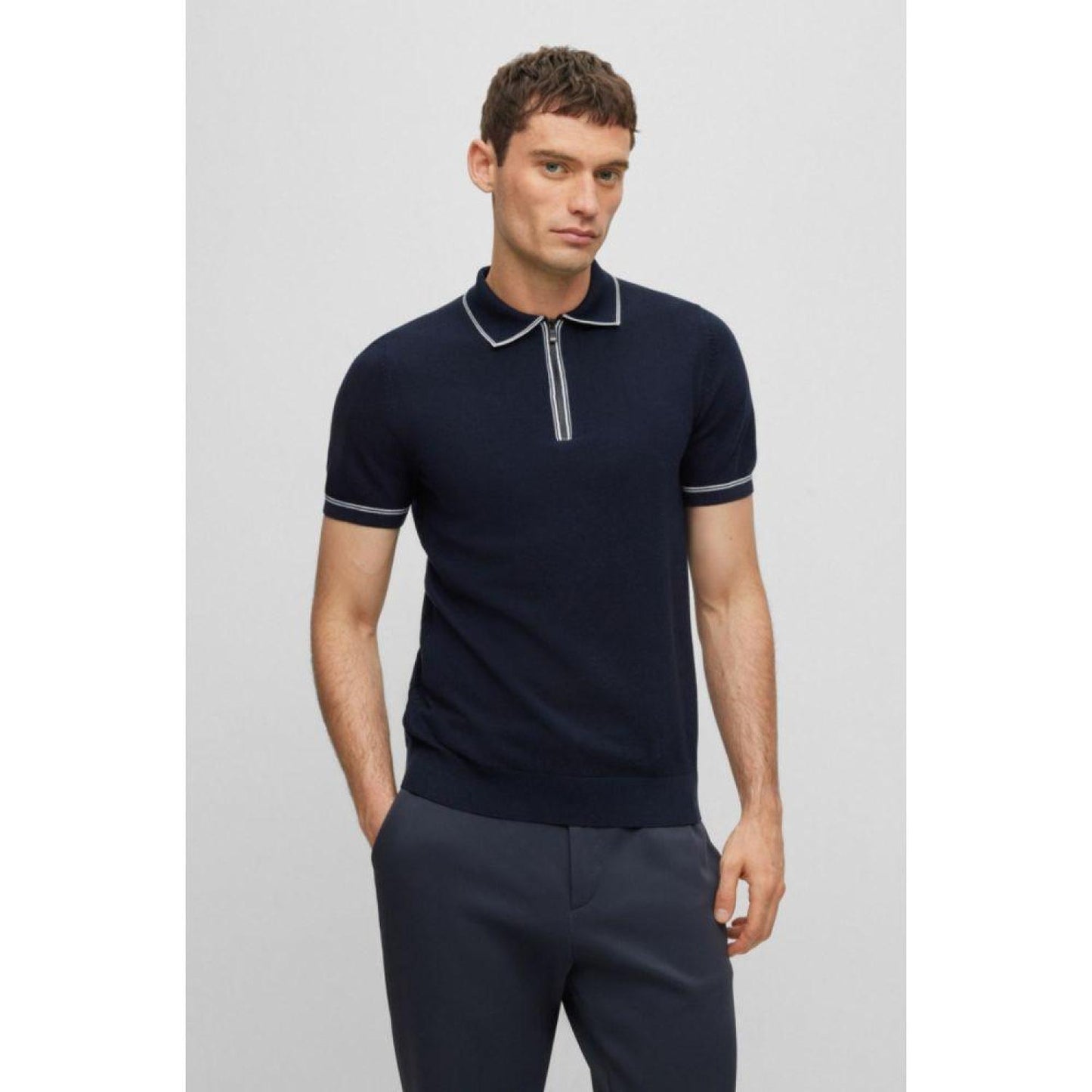 Regular-fit polo sweater with zip placket