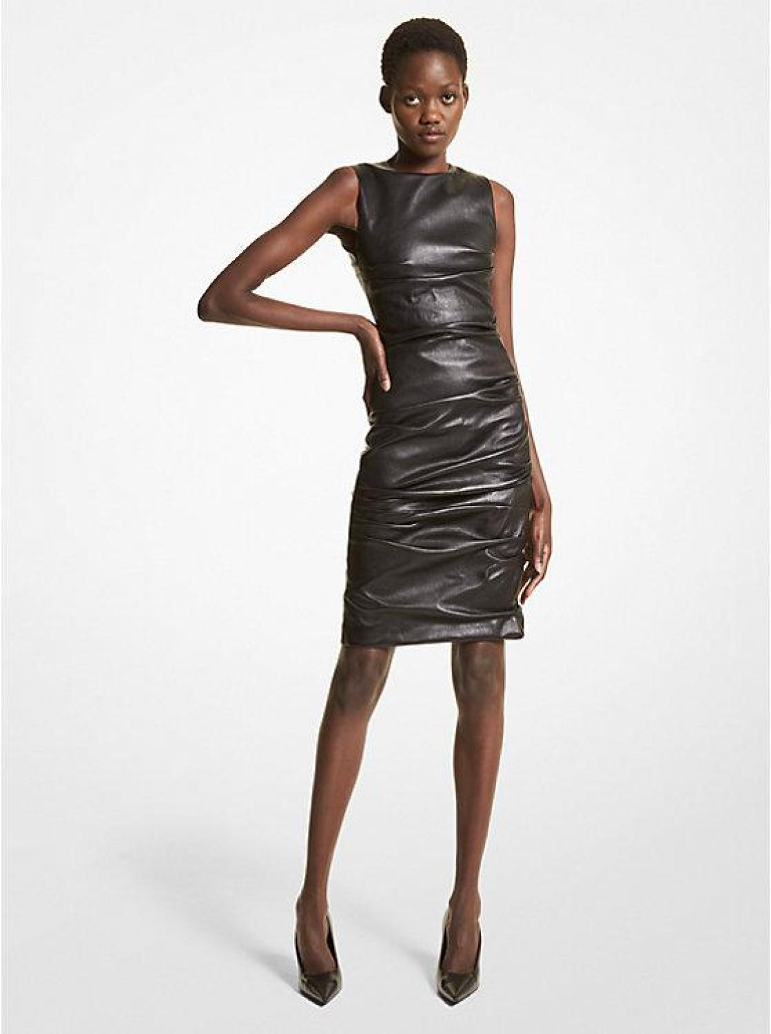 Stretch Plongé Leather Ruched Sheath Dress