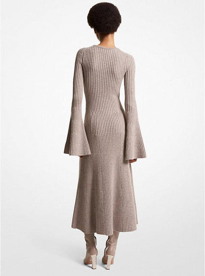 Ribbed Stretch Cashmere Flare-Sleeve Dress