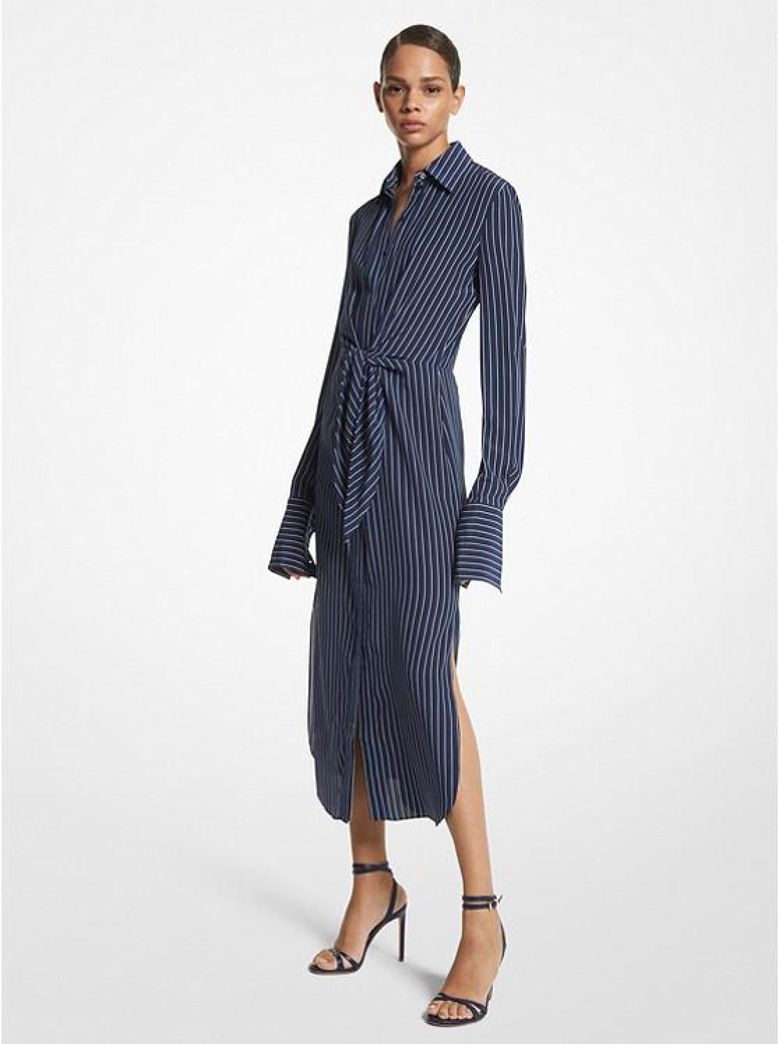 Striped Organic Silk Crepe De Chine Tie-Front Shirtdress