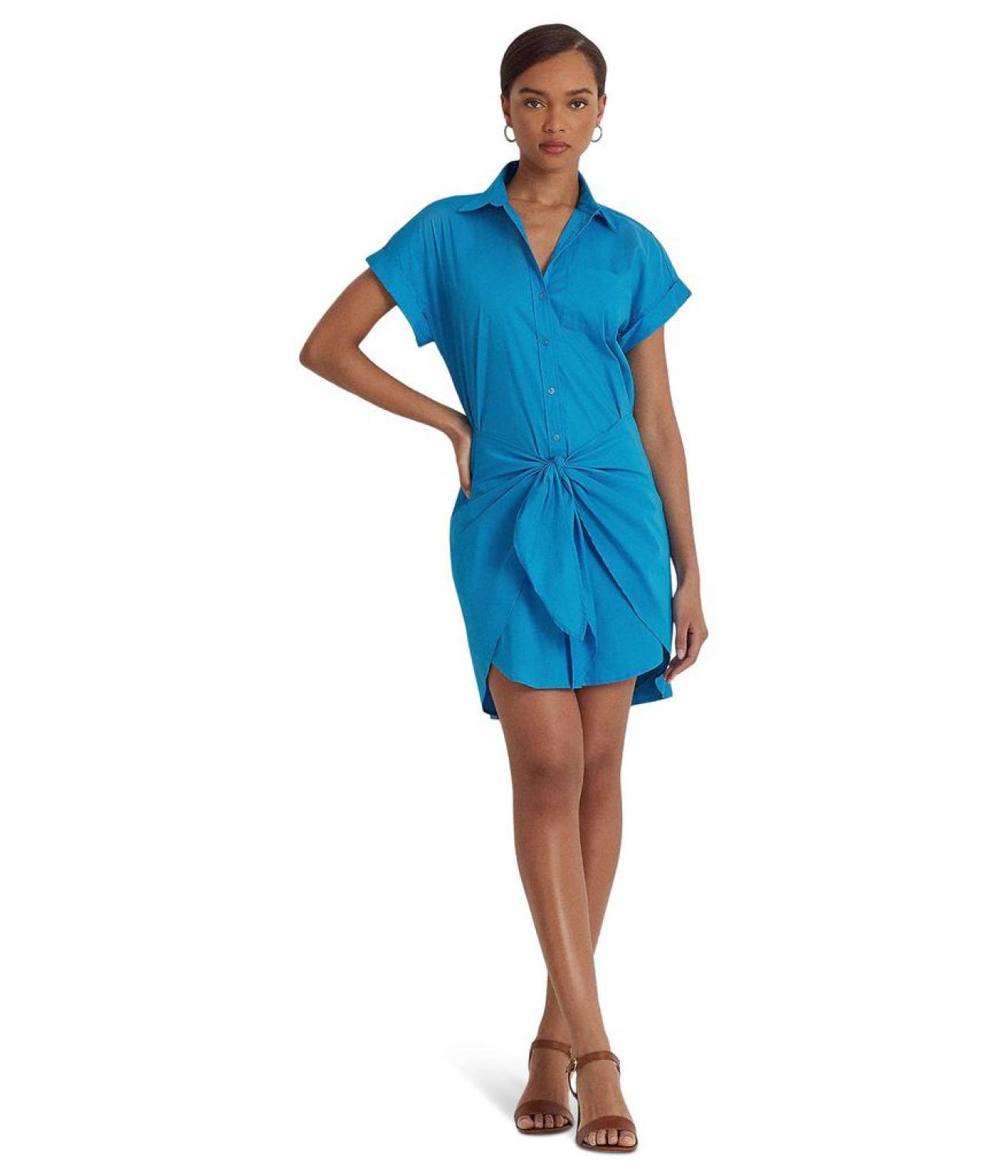 Tie Front Stretch-Cotton Blend Shirtdress