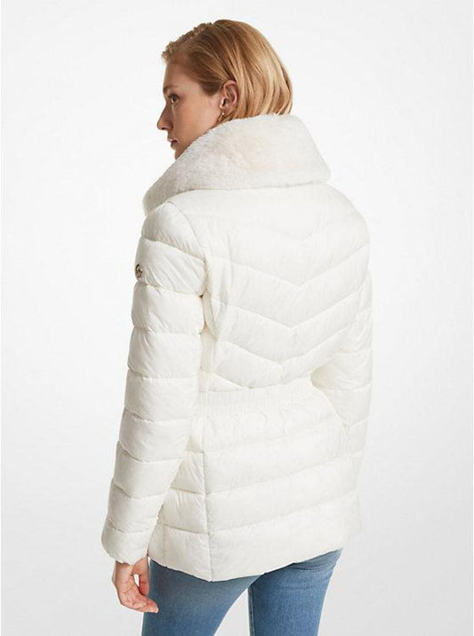 Faux Fur Trim Quilted Nylon Packable Puffer Jacket