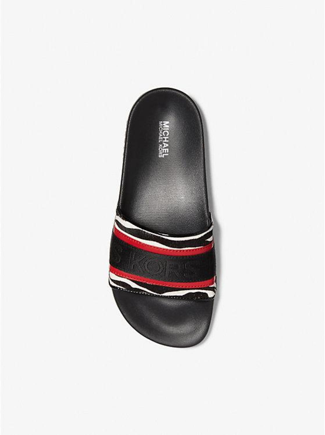 Gilmore Logo Tape and Printed Calf Hair Slide Sandal