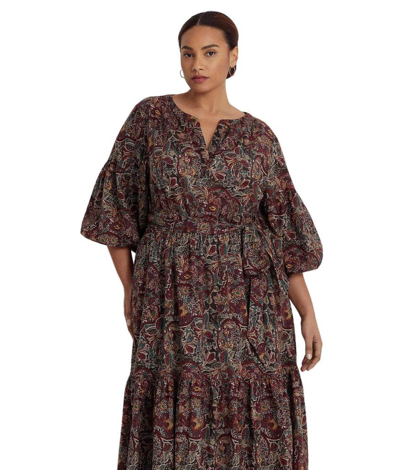 Plus Size Floral Belted Cotton Voile Tiered Dress