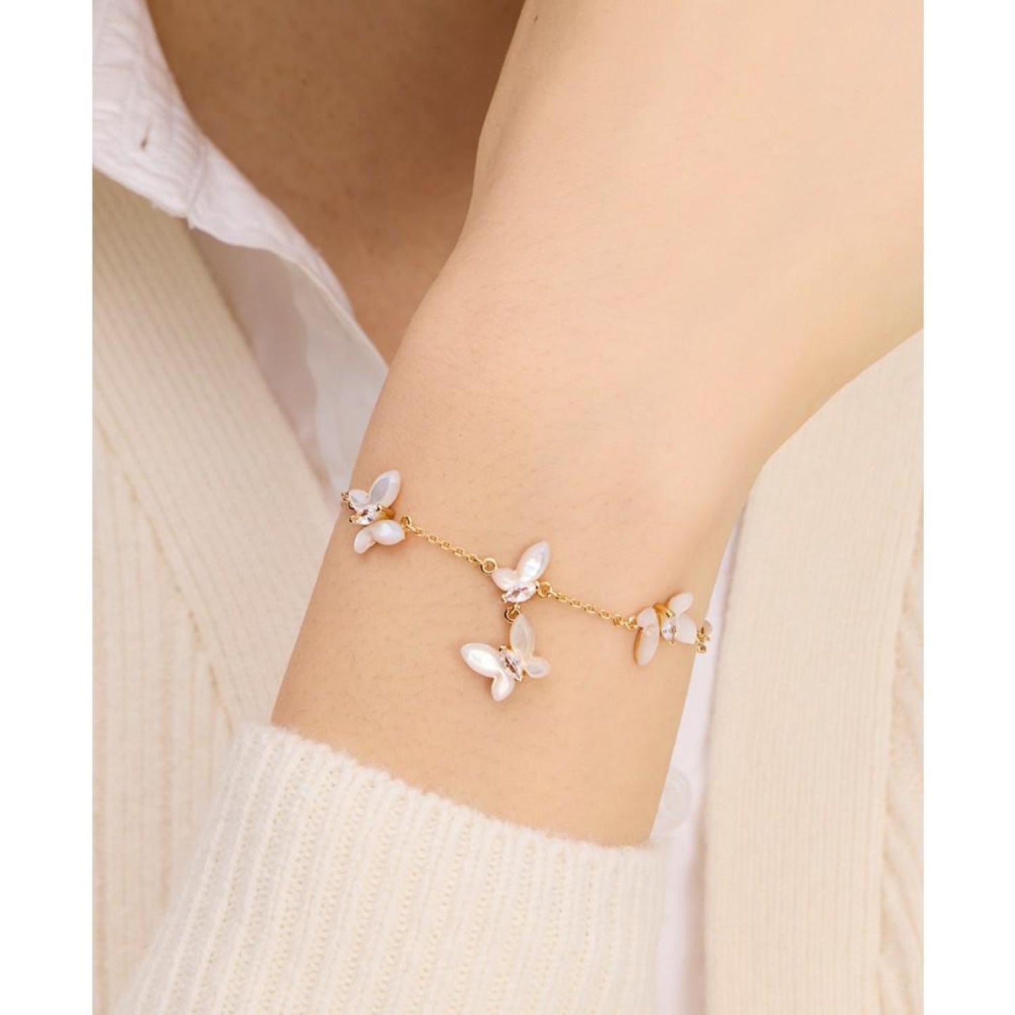 Gold-Tone Cubic Zirconia & Mother-of-Pearl Butterfly Link Bracelet