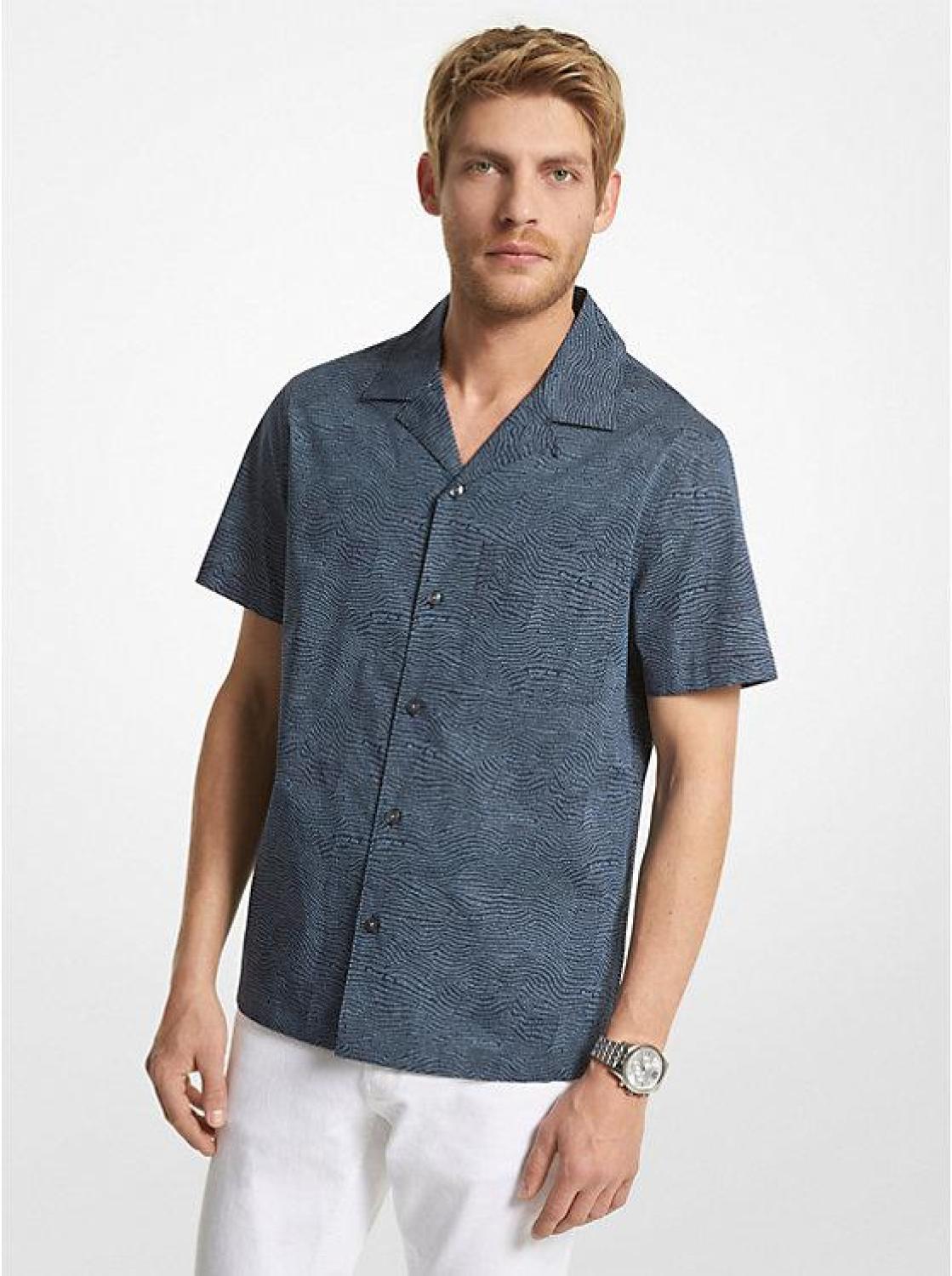 Printed Stretch Cotton Short-Sleeve Shirt