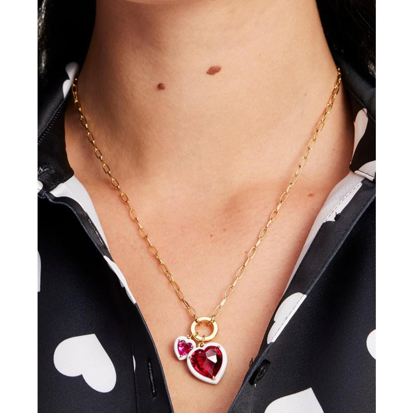 Gold-Tone White-Framed Red Crystal Heart Multi-Charm Pendant Necklace, 16" + 3" extender