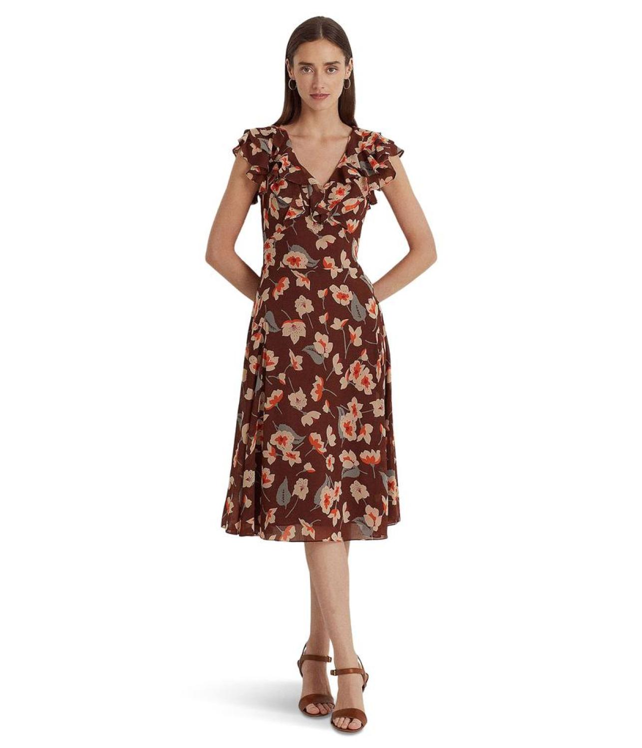 Floral Ruffle-Trim Georgette Dress