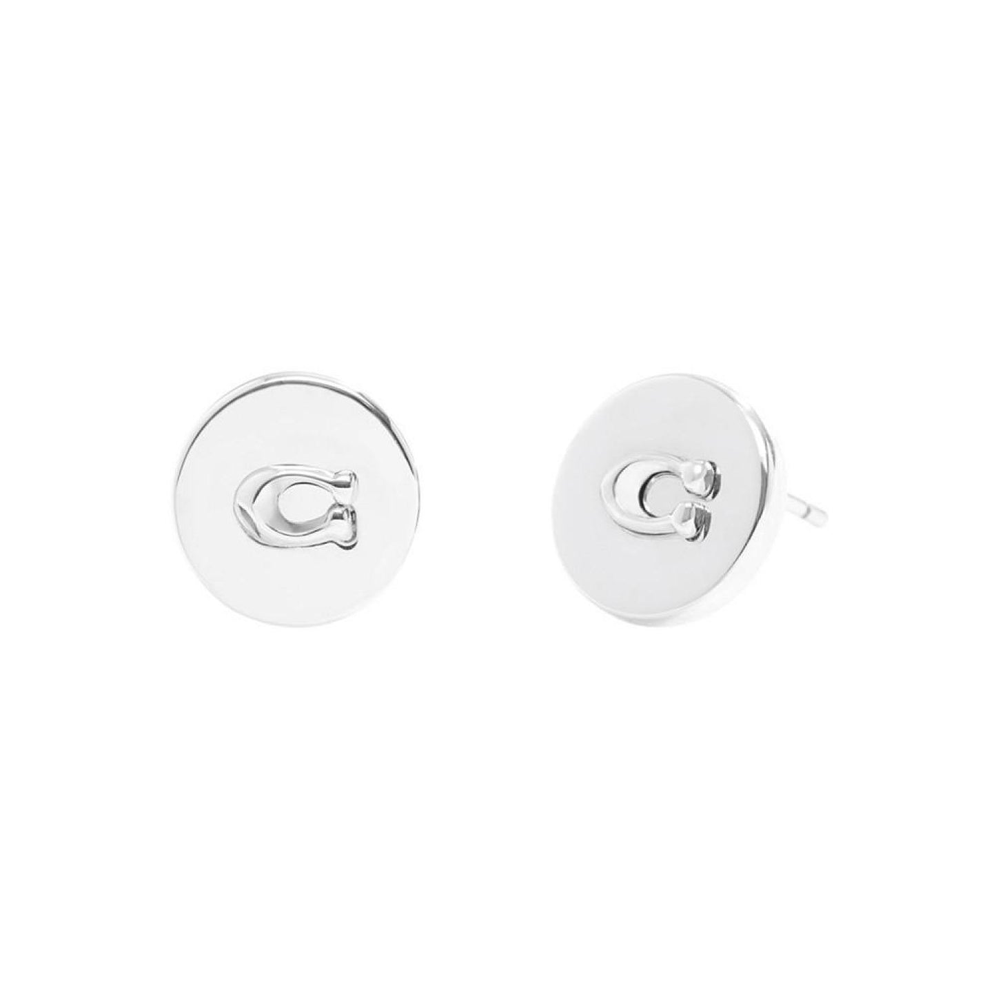 Rhodium Signature Coin Sculpted C Stud Earrings