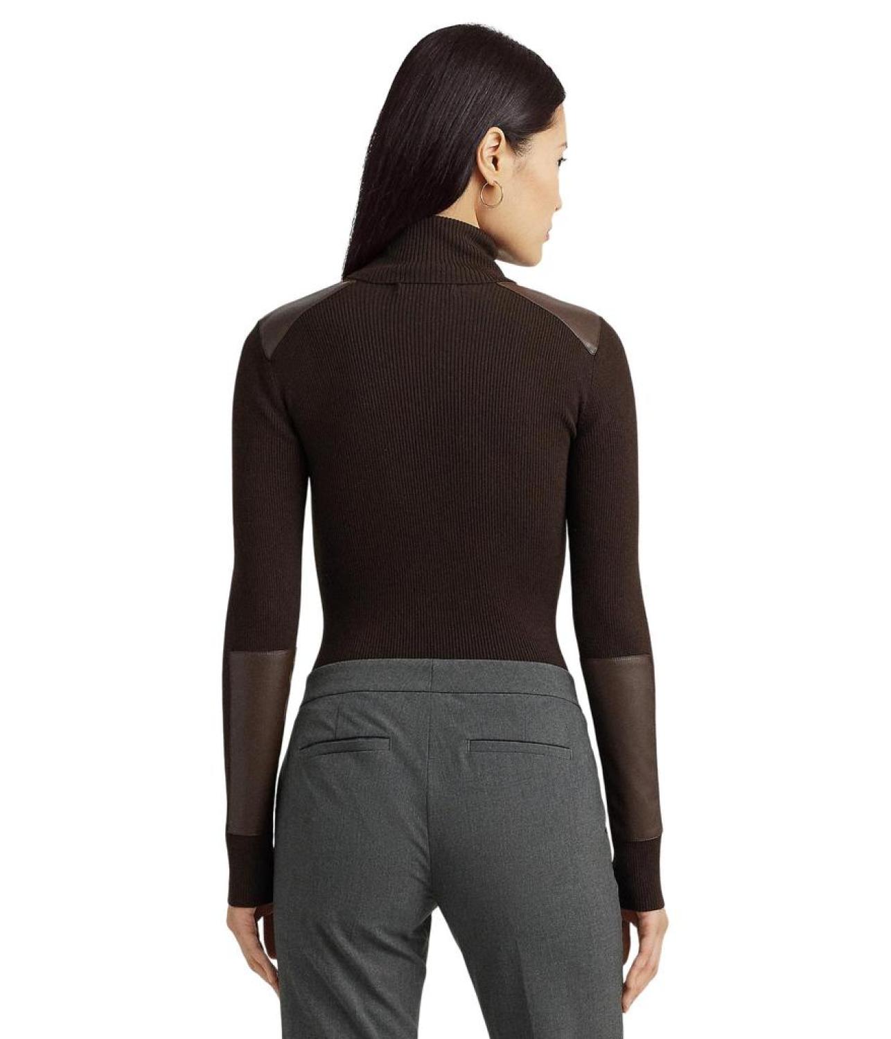 Faux Leather-Trim Ribbed Turtleneck