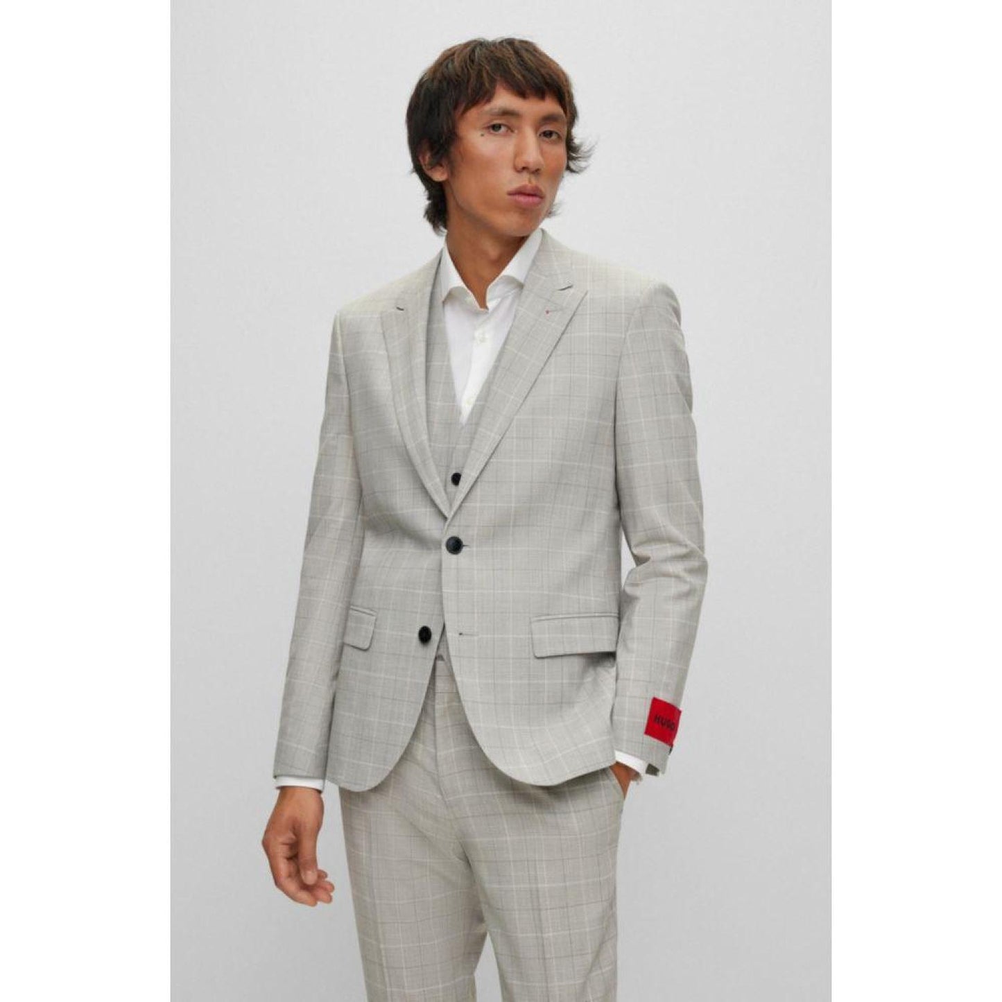 Three-piece slim-fit suit in checked stretch fabric