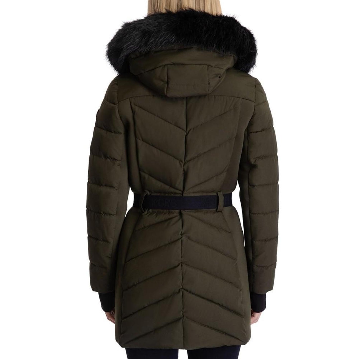 Women's Belted Faux-Fur-Trim Hooded Puffer Coat