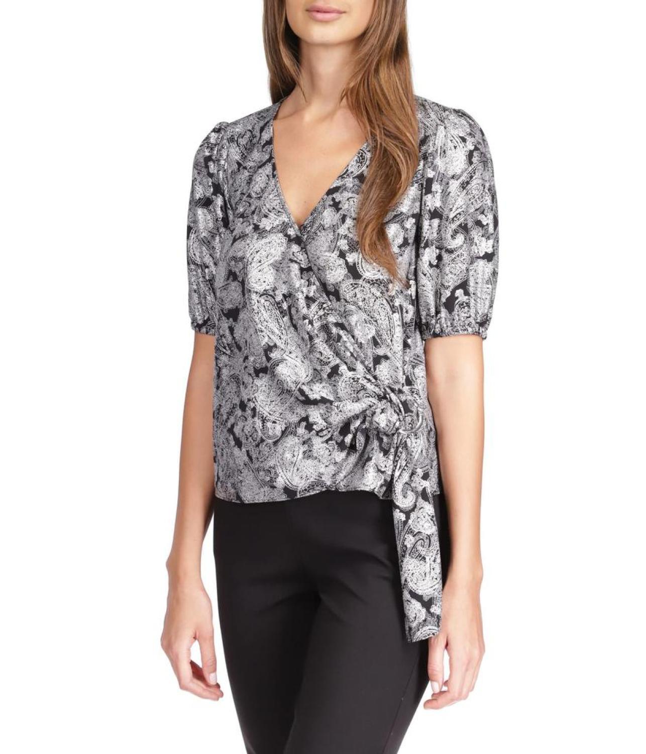 Foil Paisley Wrap Top