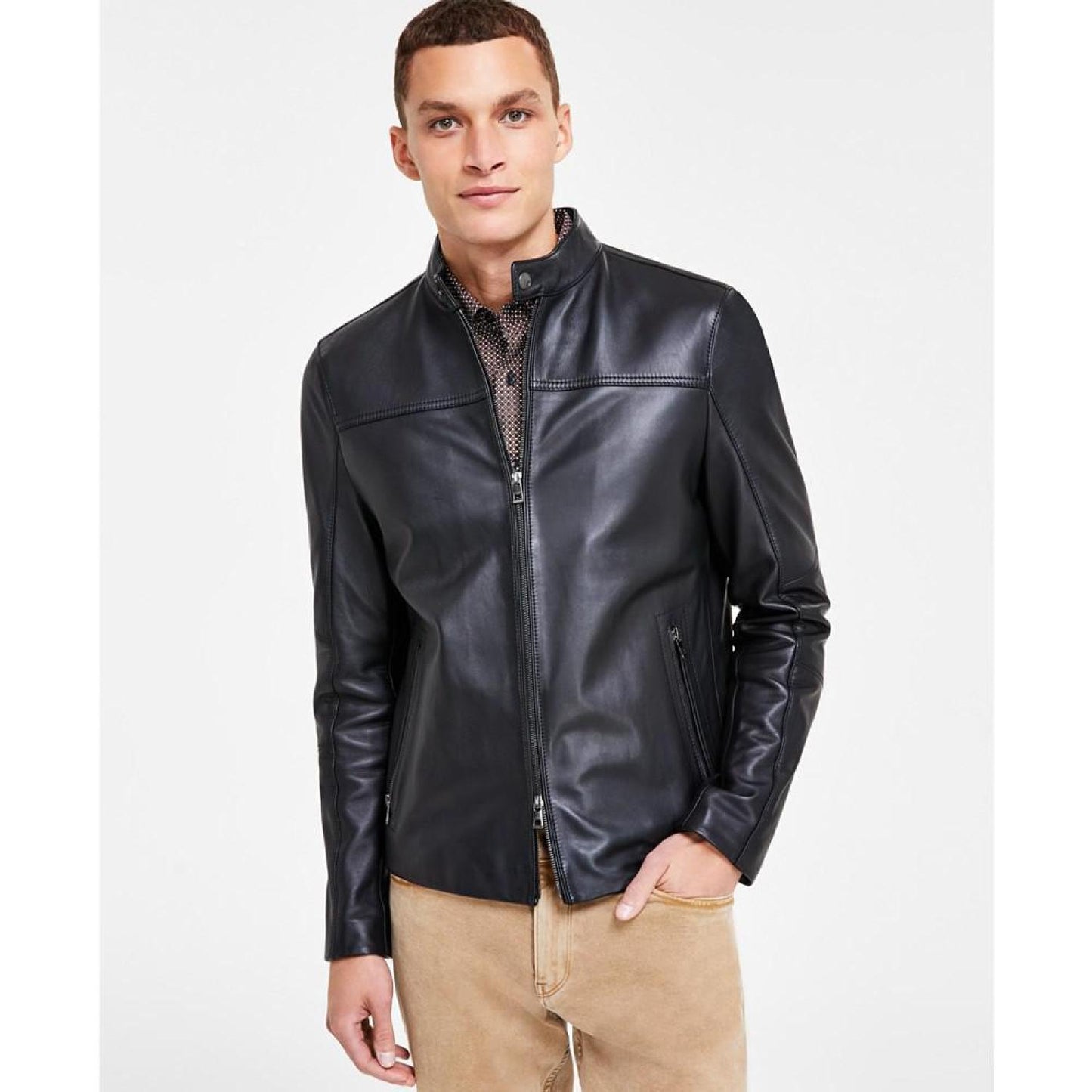 Men's Leather Racer Jacket, Created for Macy's