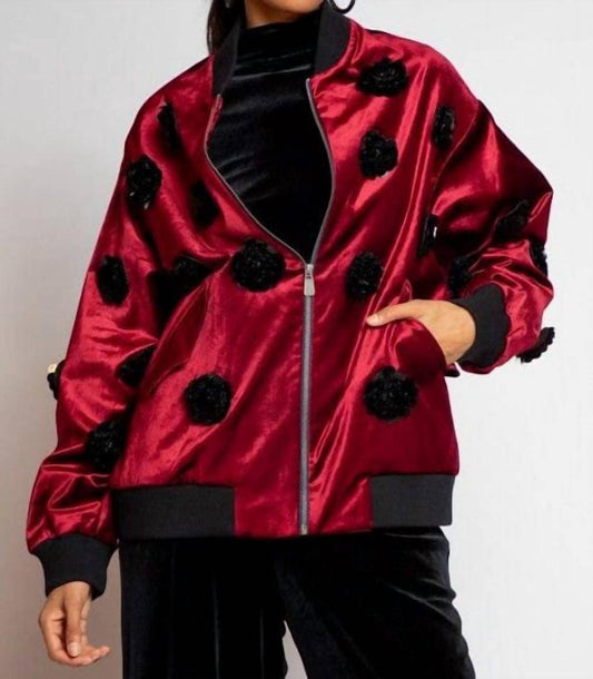 Velvet Floral Embroidered Bomber Jacket In Burgundy