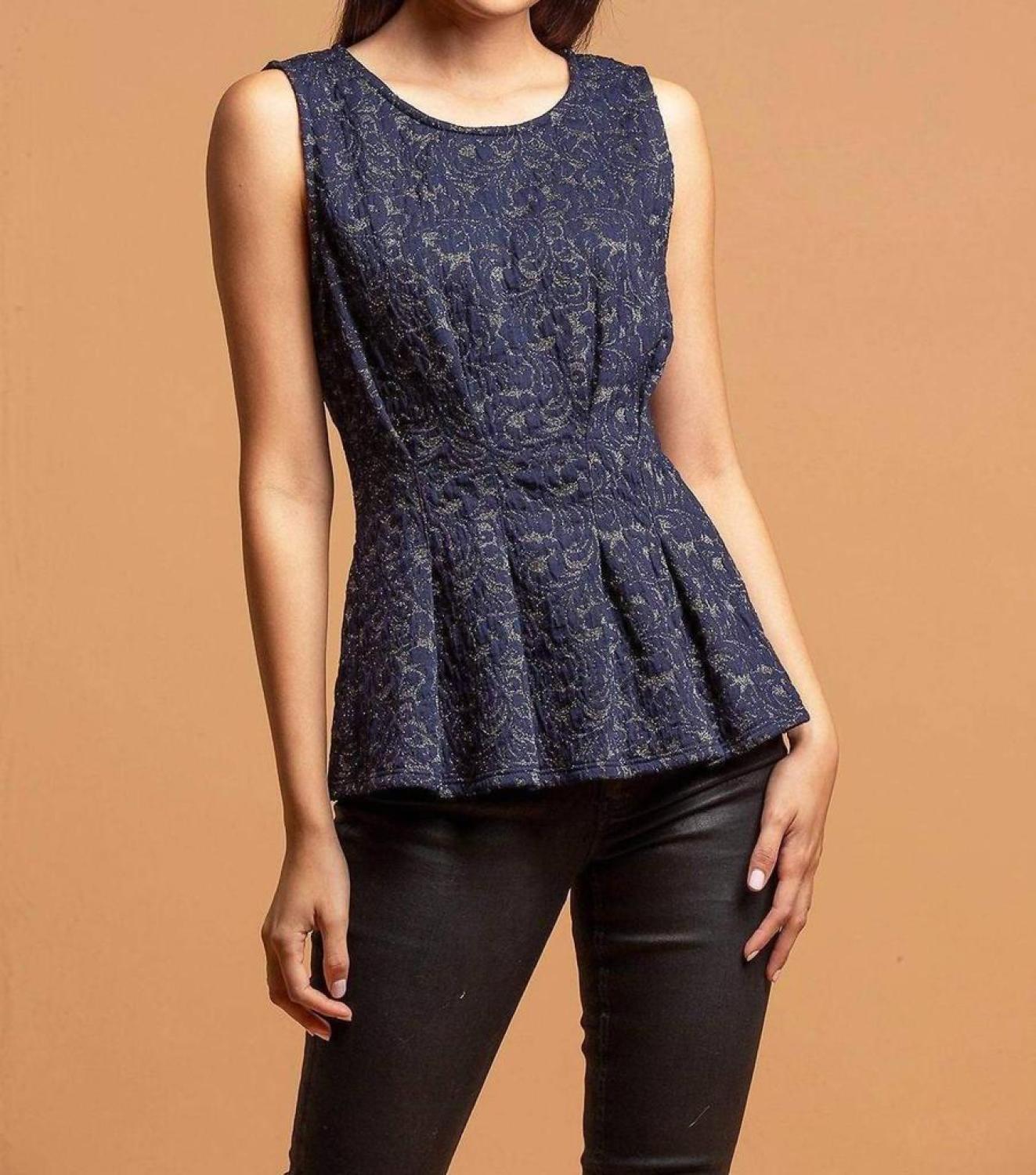 Metallic Peplum Top In Navymotif