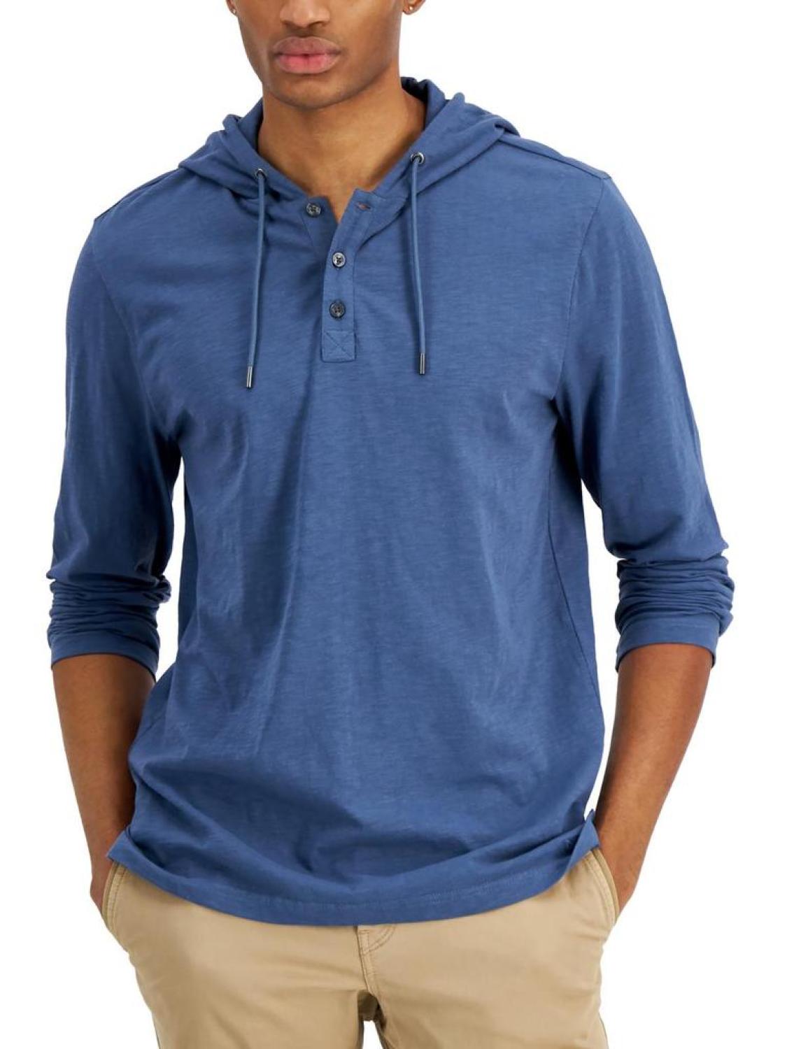 Mens Hooded Drawstring Henley Shirt