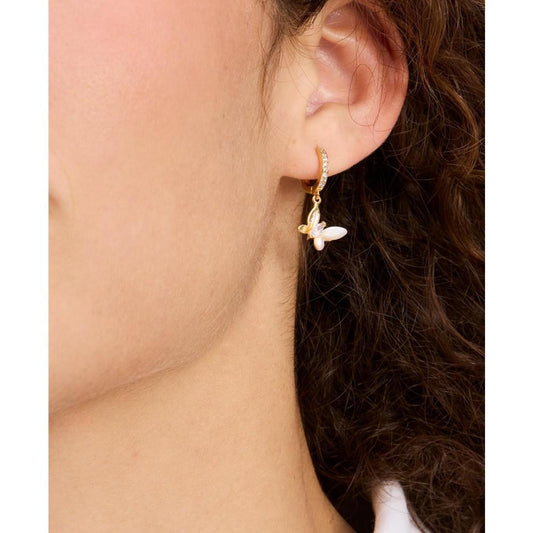 Gold-Tone Cubic Zirconia & Mother-of-Pearl Butterfly Charm Huggie Hoop Earrings