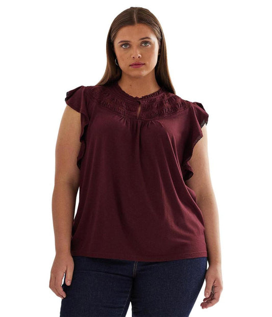 Plus Size Lace-Trim Jersey Flutter-Sleeve Blouse