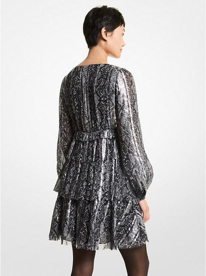 Metallic Snake Jacquard Tiered Dress