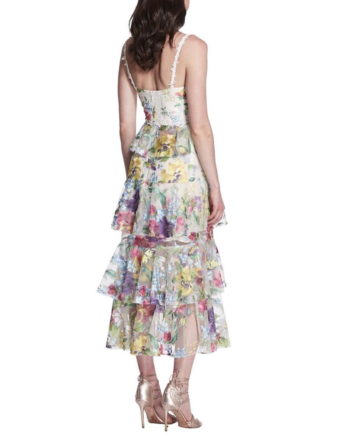 Marchesa Notte Tiered Embroidered Tea-Length Dress