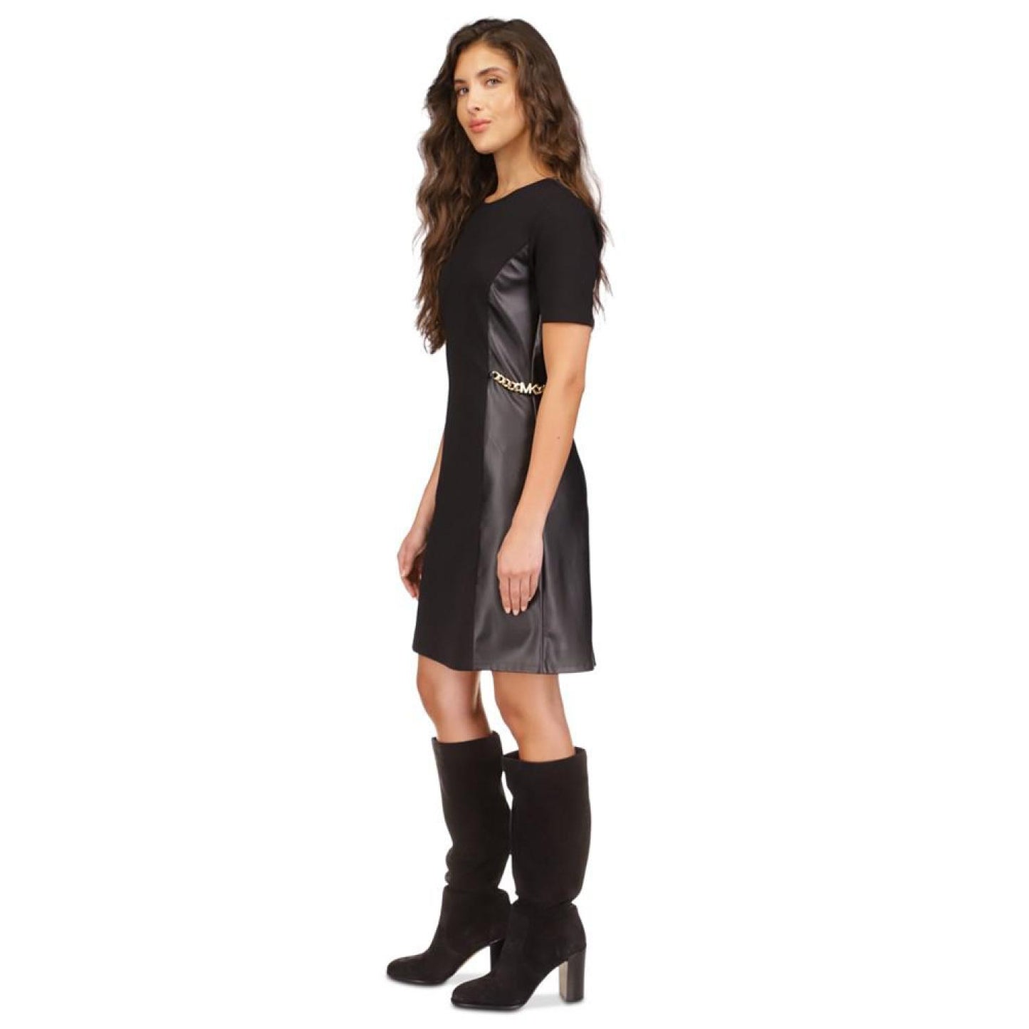 Women's Faux-Leather Mixed-Media Chain Dress, Regular & Petite