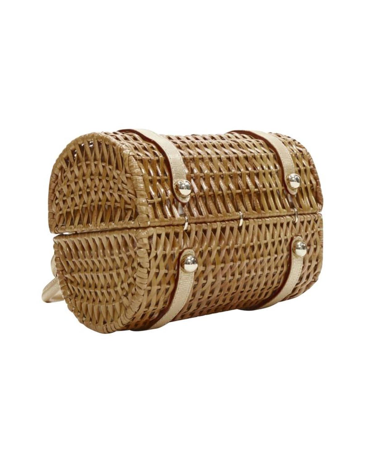 KATE SPADE brown bamboo rattan wicker metallic leather handle log bag