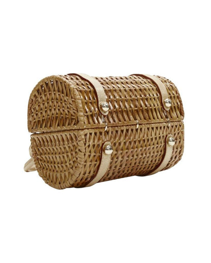 KATE SPADE brown bamboo rattan wicker metallic leather handle log bag