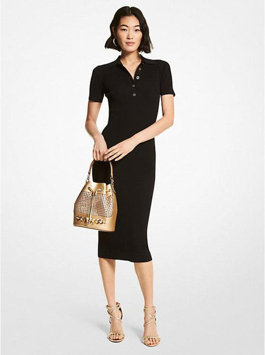 Logo Button Ribbed Viscose Blend Polo Dress