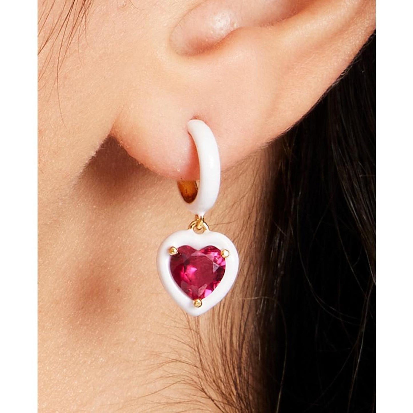 Gold-Tone White-Framed Red Crystal Heart Charm Huggie Hoop Earrings