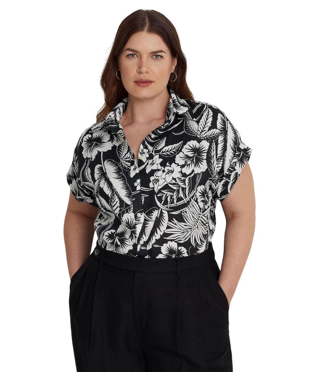 Plus Size Floral Linen Short Sleeve Shirt