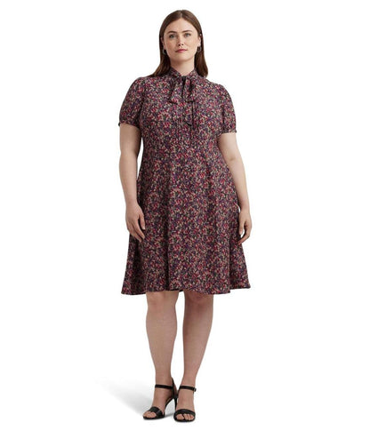 Plus Size Floral Crepe Tie Neck Shirtdress