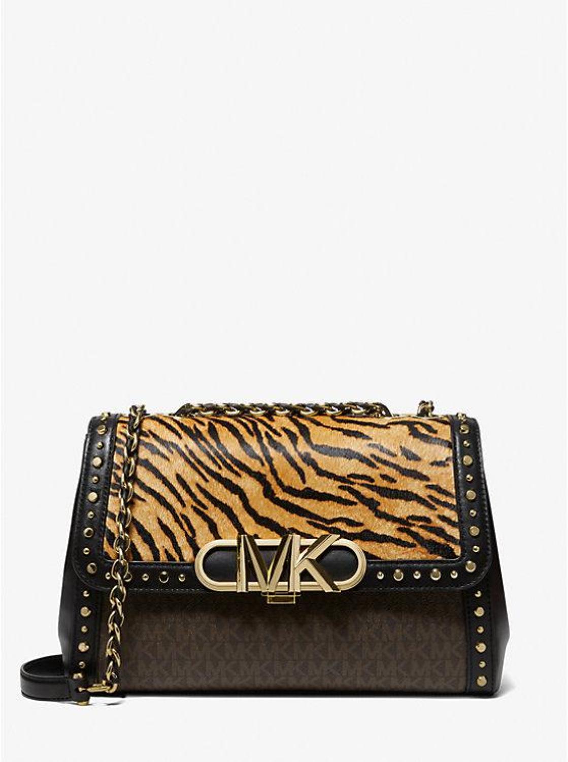 Parker Extra-Large Studded Tiger Print Calf Hair and Logo Shoulder Bag