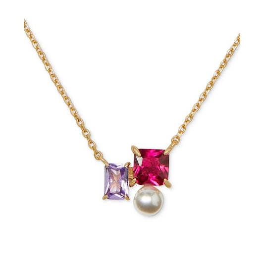 Gold-Tone Cubic Zirconia & Imitation Pearl Cluster Pendant Necklace, 16" + 3" extender