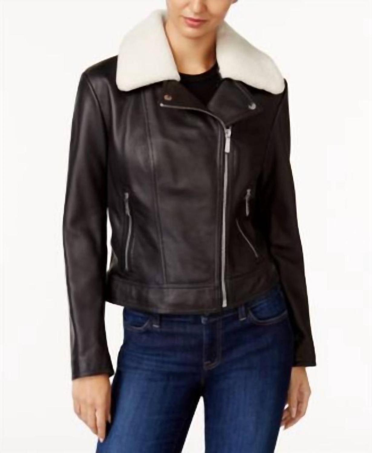 Shearling Collar Leather Jacket in Black