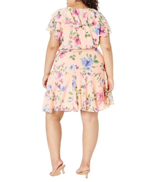 Plus Size Floral Belted Crinkle Georgette Dress