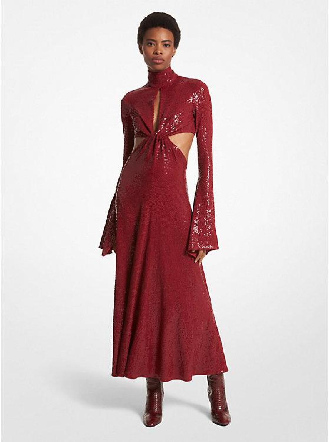 Hand-Embroidered Sequin Stretch Jersey Keyhole Dress