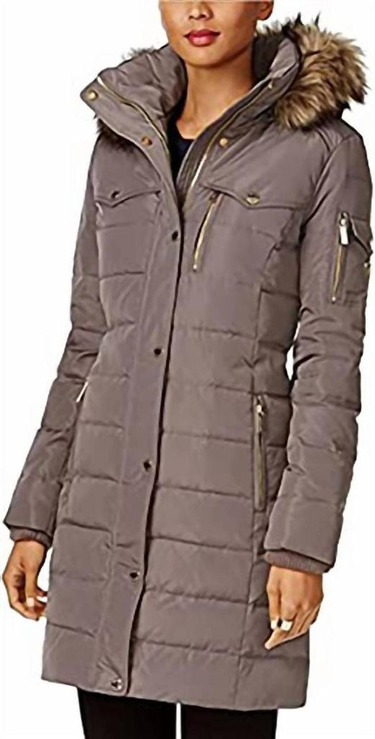 Flannel Down 3/4 Puffer Coat With Faux Fur And Hood