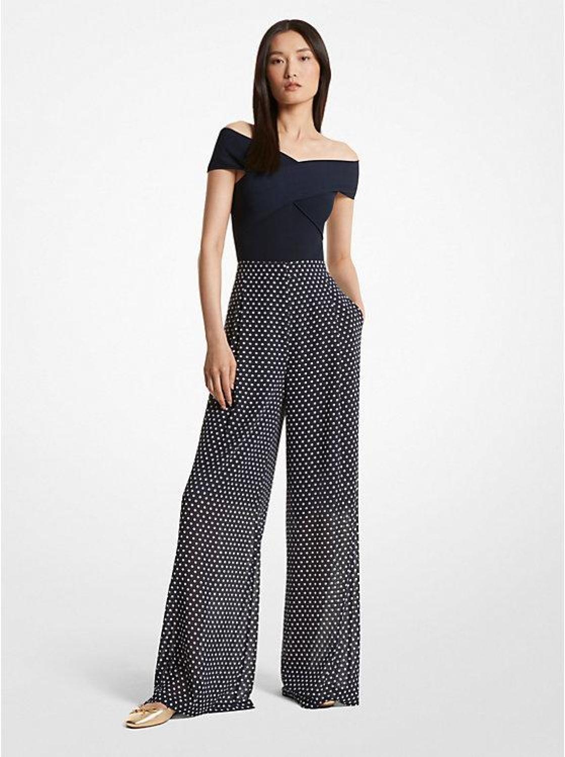 Polka Dot Georgette Wide-Leg Trousers