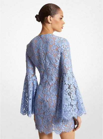 Cotton Blend Floral Lace Bell-Sleeve Dress