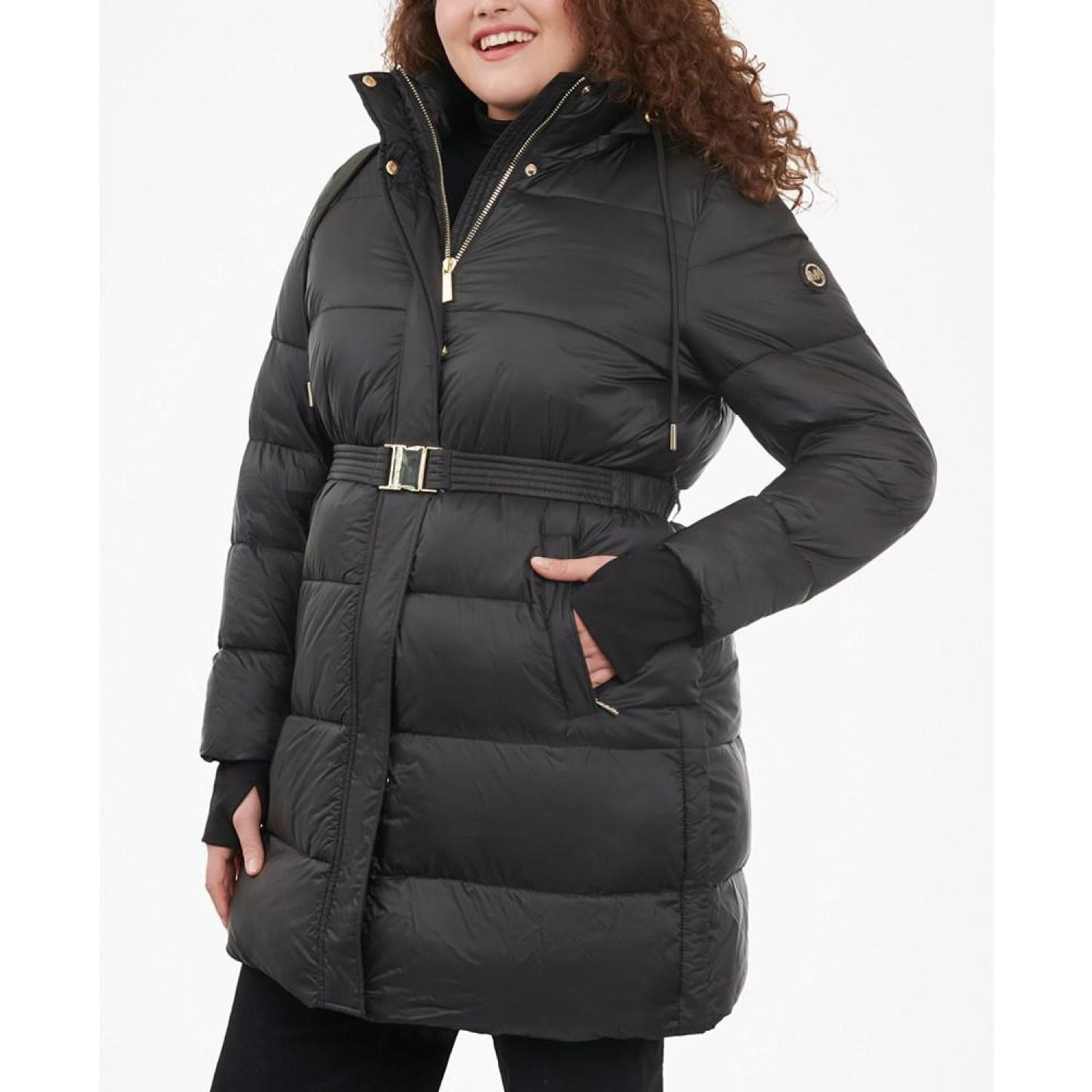 Women's Plus Size Hooded Belted Puffer Coat, Created for Macy's