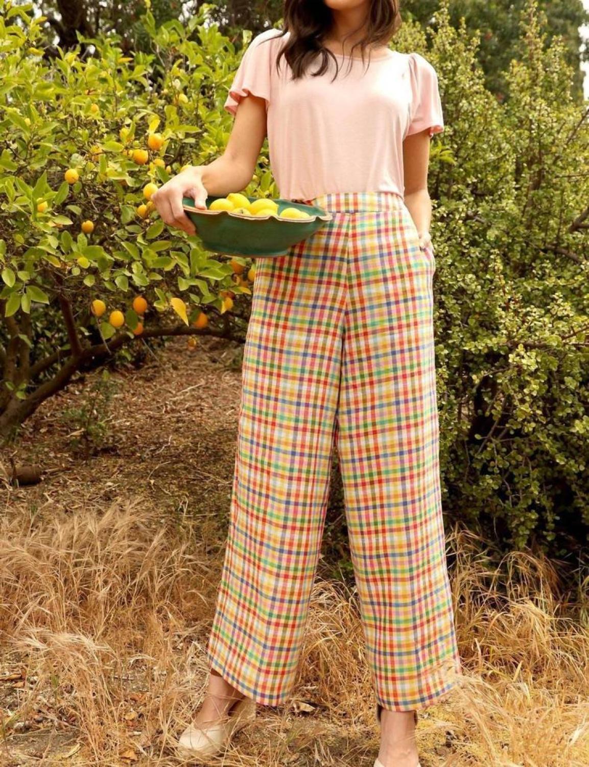 Linen Plaid Pants In Multi