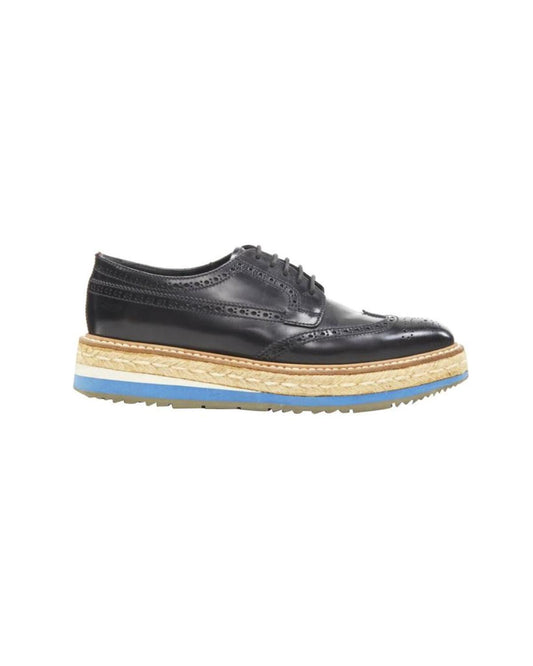 PRADA black perforated leather jute espadrille platform brogue